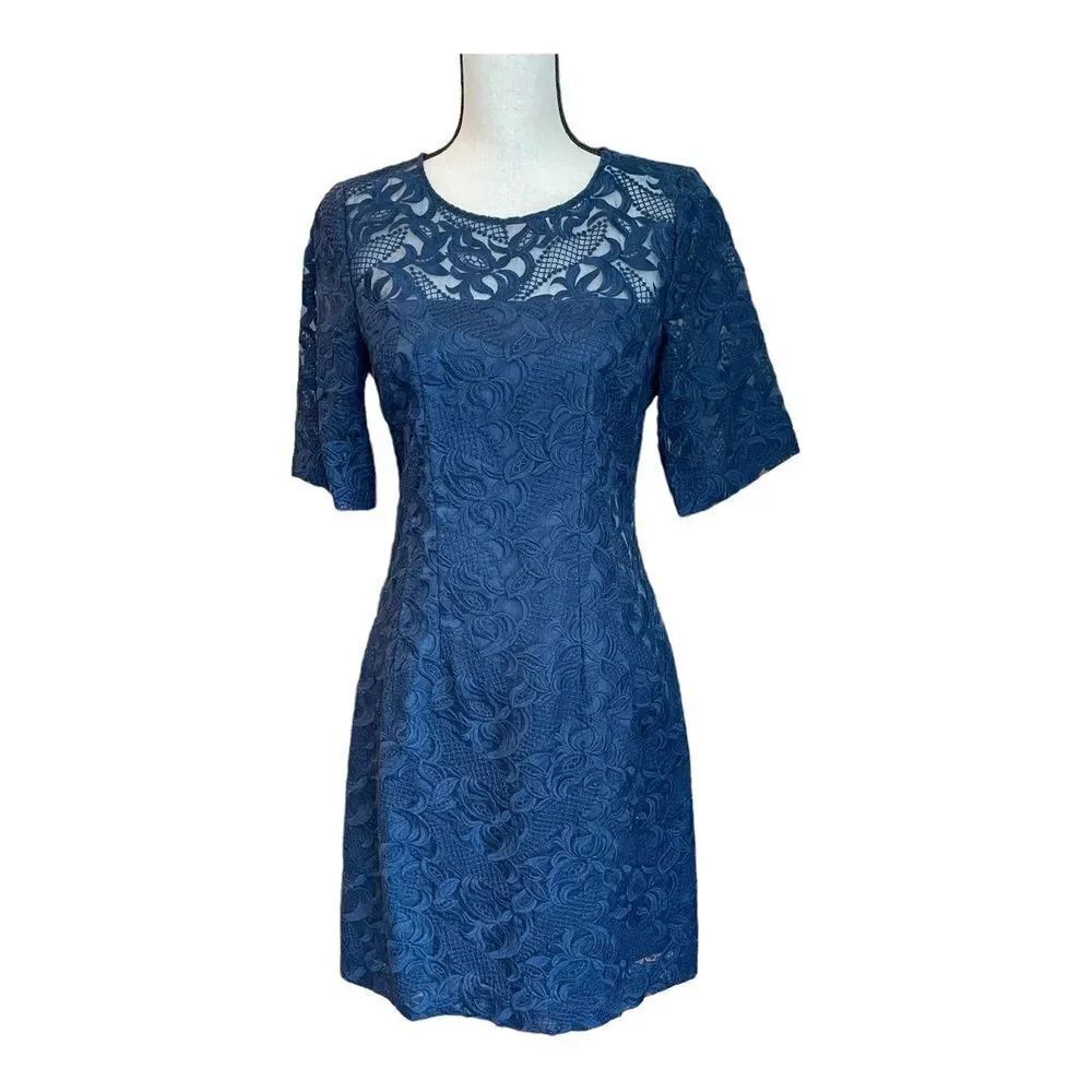 Kaya & Sloane Womens Seward Lace Navy Sheath Dress Blue Half Sleeve Jewel Neck M